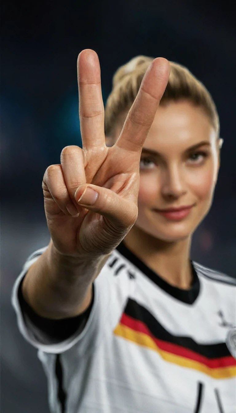 a realistic image of a human hand, which shows the Victory sign. The hand should be clean and well-groomed, with clearly defined fingers and nails. The skin color of the hand should have a natural tone. The hand position should clearly show the victory sign (an upward pointing index finger and middle finger, while the ring finger and little finger are folded in and the thumb slightly overlaps these two fingers) represent. The background should be neutral and blurred, so that the hand remains in focus. The picture should be taken in daylight, to create natural shadows and lights. Please mind that, that the proportions of the hand are correct and aesthetically pleasing."