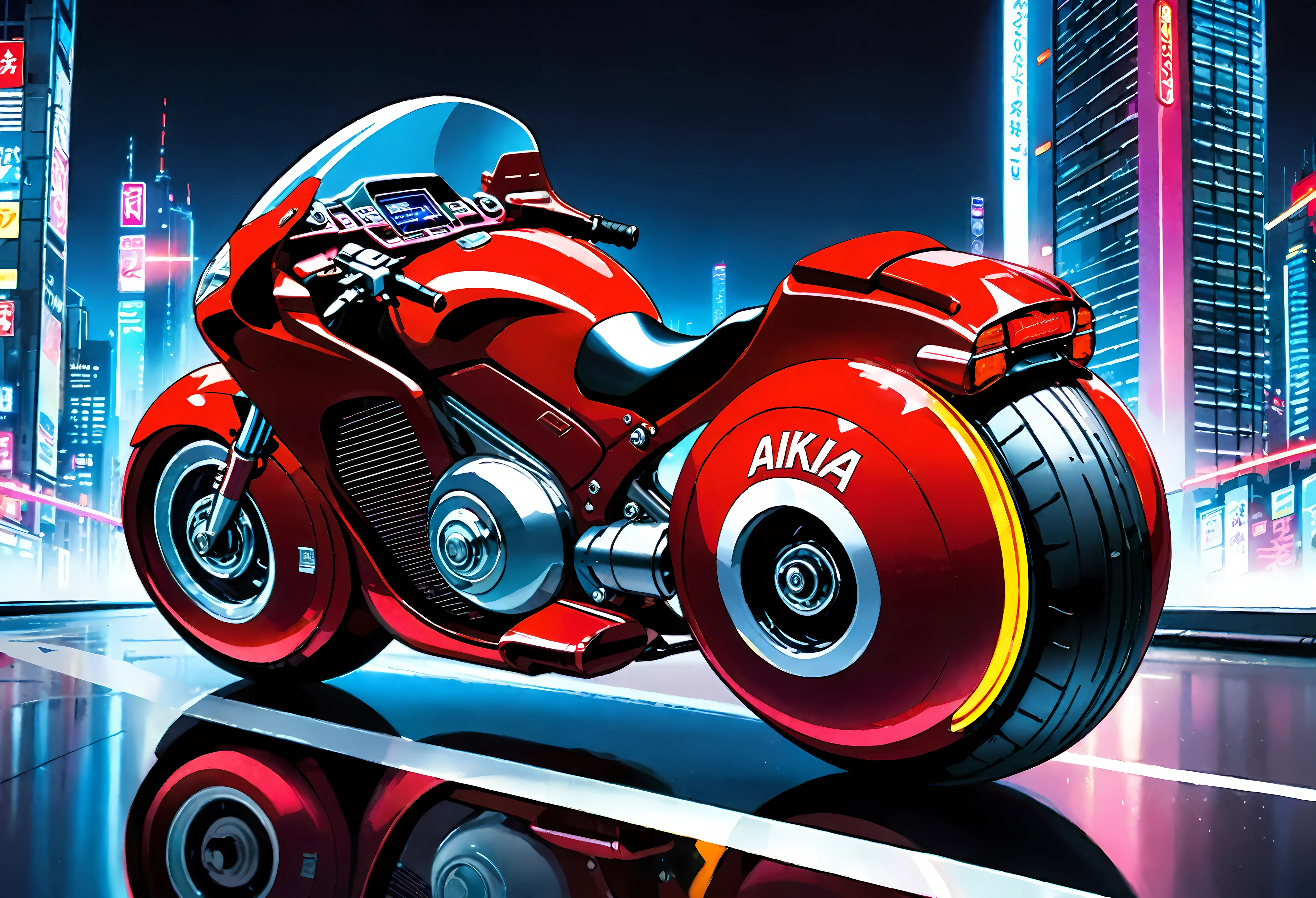 Create a detailed image of a futuristic motorcycle inspired by the iconic bike from the classic Akira manga/anime. The motorcycle should have a sleek, aerodynamic design with a low-slung, elongated body. It should feature a vibrant red color with a glossy finish. The front should have a curved, bubble-shaped windshield, integrated into the bike’s streamlined form. The wheels should be large and chunky, with a futuristic, almost hover-like quality. The front wheel is partially covered by an angular fender, while the rear wheel is exposed, showcasing intricate suspension and mechanical details. The bike should have detailed decals, including logos and futuristic text. The seat should be contoured for a single rider, blending seamlessly into the bike's body. The handlebars should be minimalistic, with advanced digital controls and displays integrated into the design. The background should be a neon-lit cityscape at night, with tall skyscrapers and futuristic elements, evoking a cyberpunk atmosphere.
