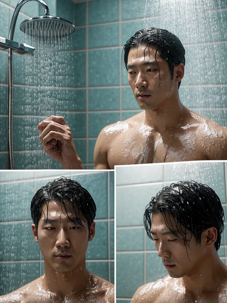 There was a man standing in the shower and his head foamy., Photos inspired by Jung Geun Lee, Tumblr, realism, Glittering from the rain, water dripping from him, Movie screen capture, South Korean man, movie screenshot, Still from the live action movie., Oh yes, Scenes from live-action movies, jin kim