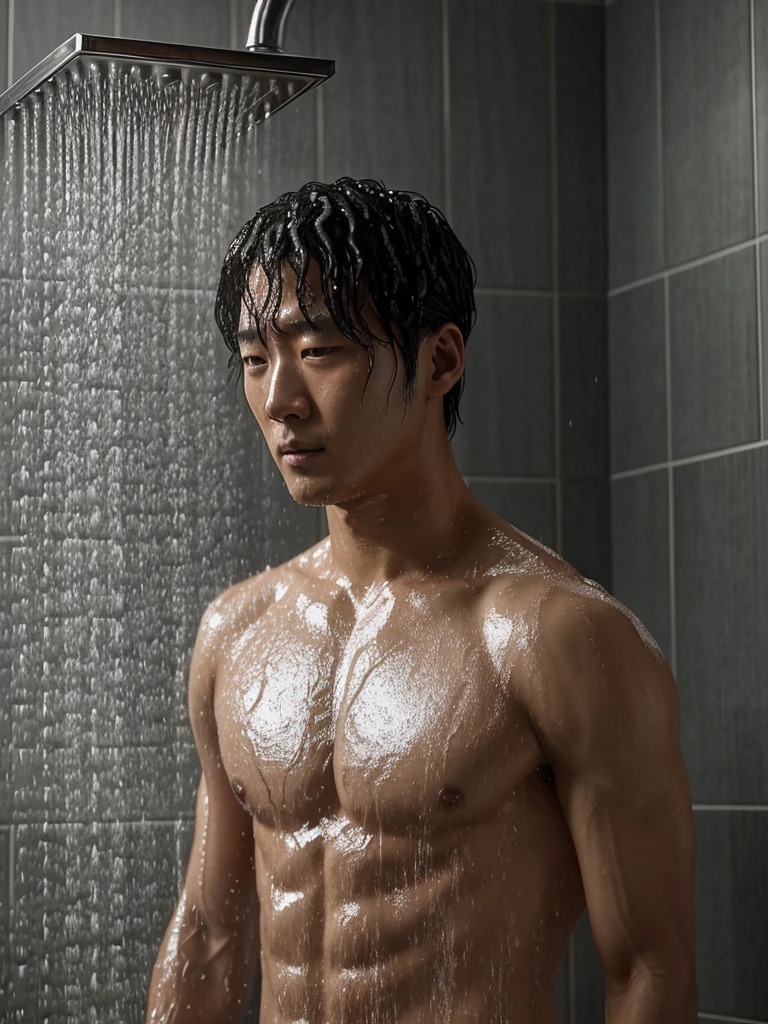 There was a man standing in the shower and his head foamy., Photos inspired by Jung Geun Lee, Tumblr, realism, Glittering from the rain, water dripping from him, Movie screen capture, South Korean man, movie screenshot, Still from the live action movie., Oh yes, Scenes from live-action movies, jin kim