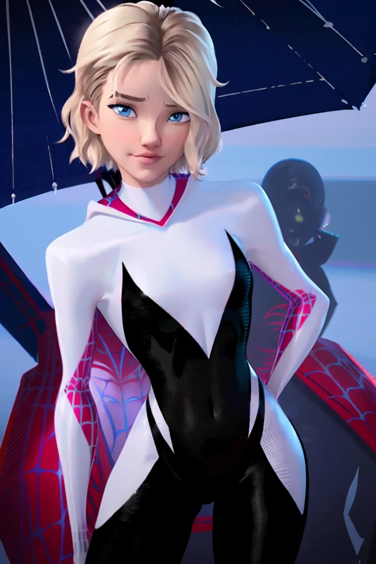 (Best Quality, Masterpiece),sexy, erotic, 1girl, 18 years old, Contempt, pride, short hair, ((blue eyes)), looking at viewer, looking at viewer, warm light, torn costume, leans heavily towards the viewer, ((( torn Gwen spider costume))), ((standing)), (small breasts), wide hips, thick tights, small butt, ((smirk)), (bend over), nipples visible