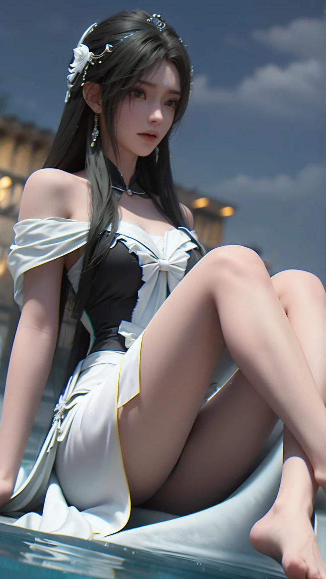 ((masterpiece,best quality)),8k wallpaper,1 Girl, Black Hair，Hair flying，Wearing a white maid outfit，Transparent black silk tulle，Lie flat on your bed，Bare legs，full，Off-white clothes，In the water，High exposure，Costume，barefoot，Very long legs，whole body，There are water drops on the water demon，The appearance of being violated，