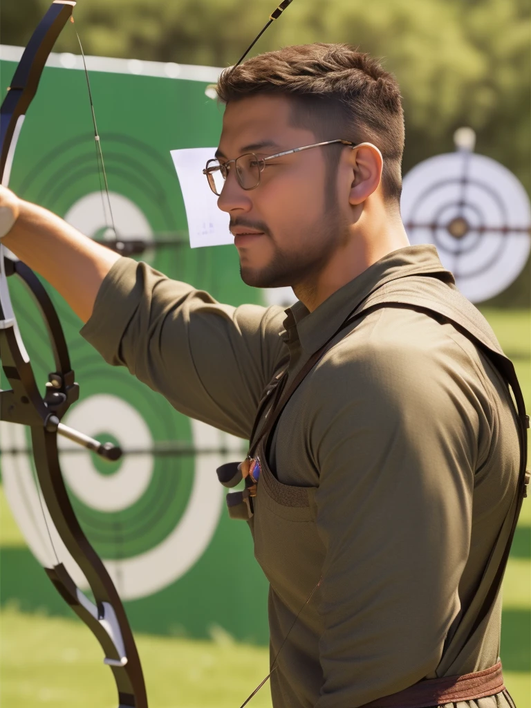 crew cut, (((full body))), mature man, [slightly fat], asian man, brown eyes, rounded face, glasses, slightly balding, (big shoulders), (((stubbles, Short beard))), (((full beard))), (Beautiful eyes:1.3), (Detailed face:1.3),(A male archer at a shooting range aiming a bow and arrow at a target in the distance:1.5), 1boy, Alone, archer pose, perfect body, (anatomically correct:1.1), side view, (Masterpiece:1.3), (The best quality:1.3, (high detail:1.3), (super detailed:1.3)