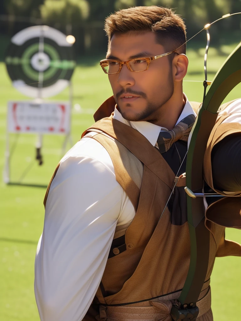 crew cut, (((full body))), mature man, [slightly fat], asian man, brown eyes, rounded face, glasses, slightly balding, (big shoulders), (((stubbles, Short beard))), (((full beard))), (Beautiful eyes:1.3), (Detailed face:1.3),(A male archer at a shooting range aiming a bow and arrow at a target in the distance:1.5), 1boy, Alone, archer pose, perfect body, (anatomically correct:1.1), side view, (Masterpiece:1.3), (The best quality:1.3, (high detail:1.3), (super detailed:1.3)