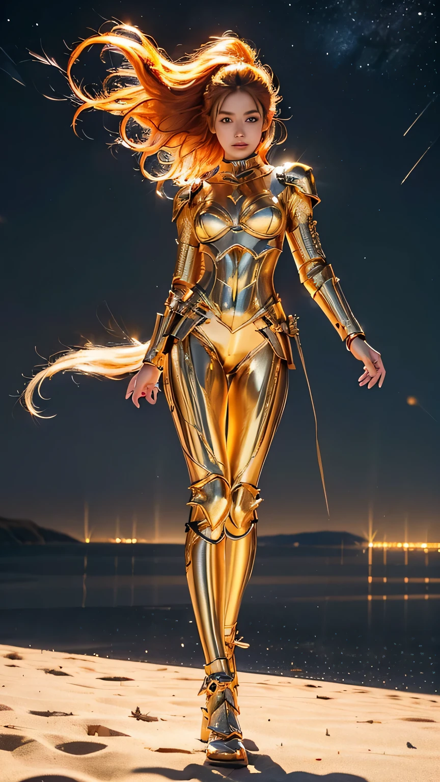 ((best quality)), ((masterpiece)), (ultra detailed lights), ((full body shot)), ((skinny body)), indonesian girl, extremely beautiful, ((slim body)), thighs gap, ultra face details, 20 years old, ((orange curvy-hair)), ((hair blown by strong winds :1.3)), Award-winning photograph, ((symmetrical pose)), teen goddess with (golden sword) in ((full body golden black armor)) are in the middle of battlefield, posing in the middle, intricate details, ((thight golden armour)), ((extremely details armor)), ((tight latex pants)), ((24k-gold armor)), ((edge luminous armor)), cameltoe, luminescent, epic lights reflections, she is posing with ((Athena's golden bow)), at beach, full of stars, orange clouds, nebula sky, epic aurora borealis in the background, shooting stars, ((from below))
