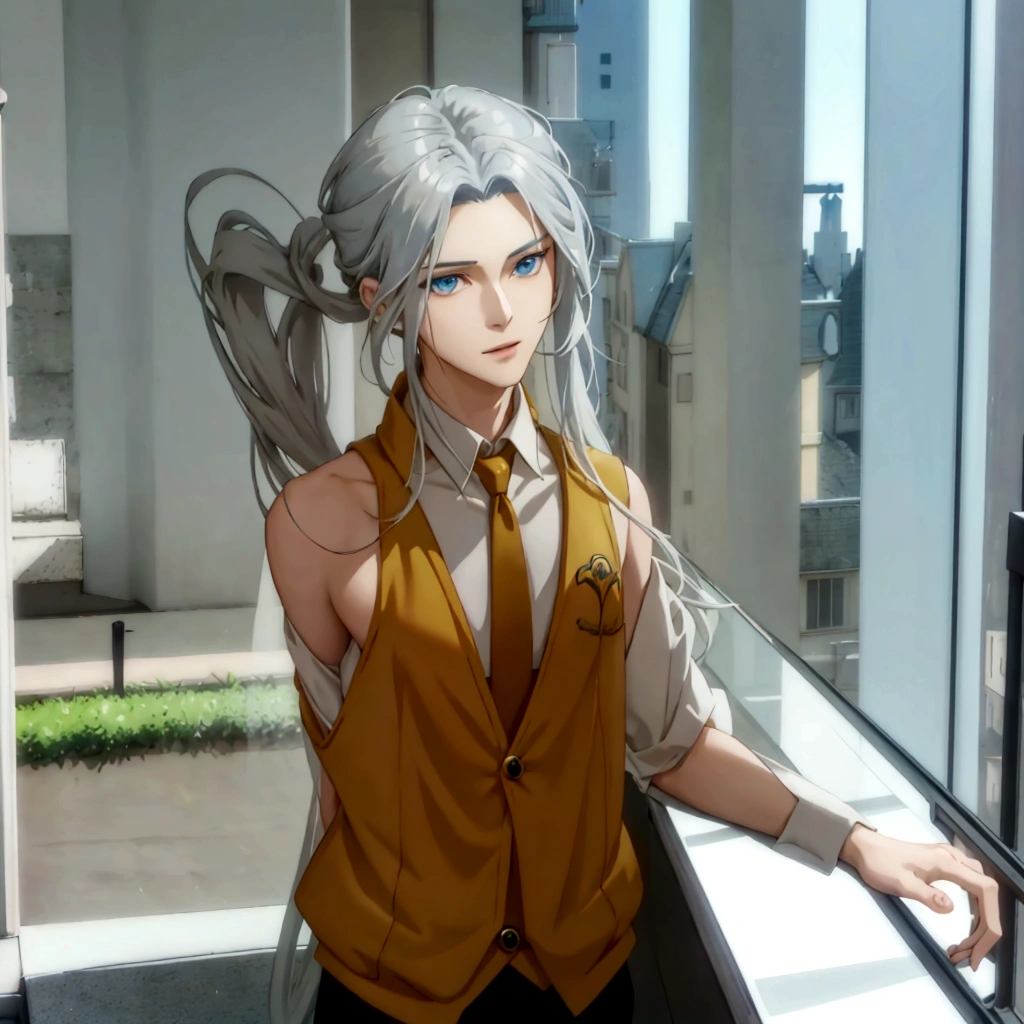 Anime characters with long hair and yellow vest standing in front of a window, Smooth anime CG art, Tall anime guy with blue eyes, Handsome anime pose, anime cgi style, as an Anime characters, male Anime characters, Anime VTuber Full Body Model, Anime characters, A delicate androgynous prince, main character, Anime-style 3D, Take a graceful pose