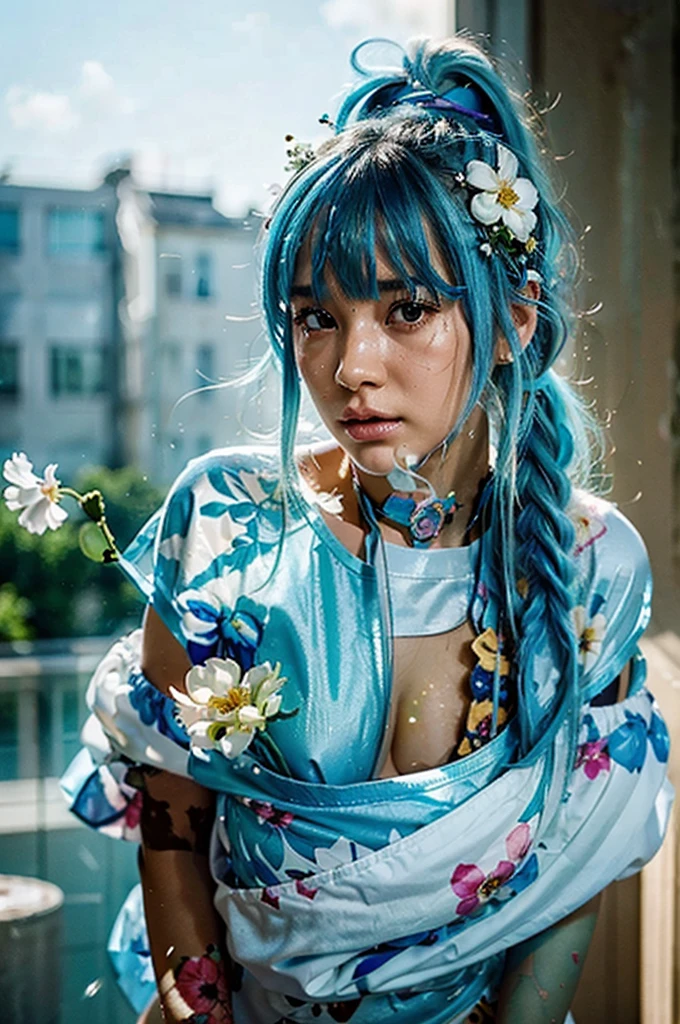 ((NSFW)),(()),(porn)(mrpiece), (best quality), (ultra detailed),(disheveled hair),(illustration), (1girl), (Fashionable clothing), standing, Fashion model, looking at viewer, (interview), ( background),beautiful detailed eyes, delicate beautiful face, Floating,(high saturation),(colorful splashes),colorful bubble,(shining), focus on face, ponytail, kamisato ayaka, light blue hair, bangs, hair ring, floating flowers, floating hairs, (shining), best lighting, best shadow,