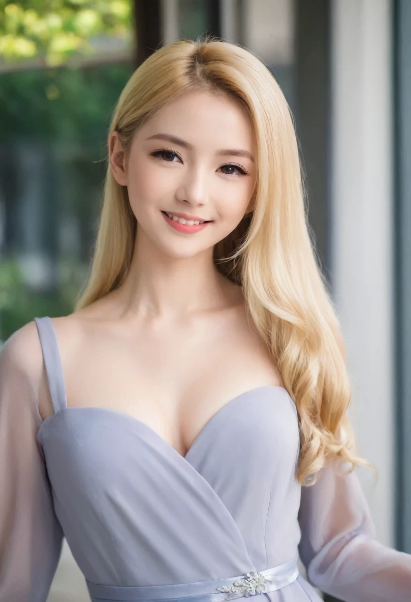 Leila、18-year-old、（Russian women）、（Cute face）、（Thin contours:1.3）、（Grey Eyes:1.8）、（Big Breasts:1.3）、（Narrow waist）、（Blonde semi-long hair:1.3）8-head-tall model style、smile、Long dress、Inside the city of Tokyo