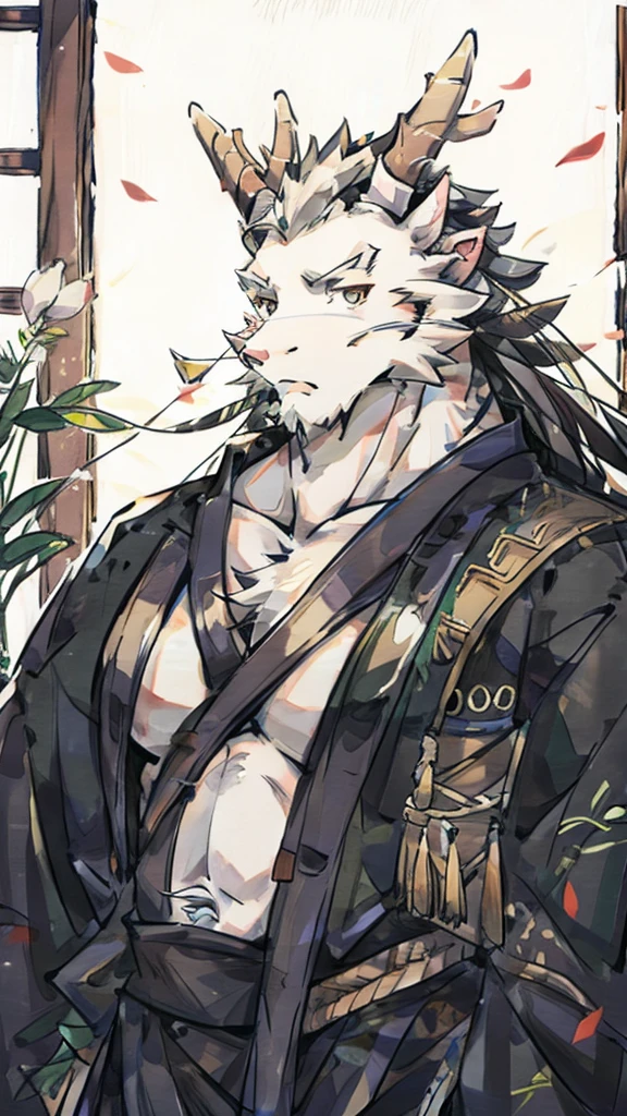 (white eastern dragon),furry,white mustache,big pecs,hearty males,muscular,black imperial robe,naked,adult,traditional_chinese_room，head portrait