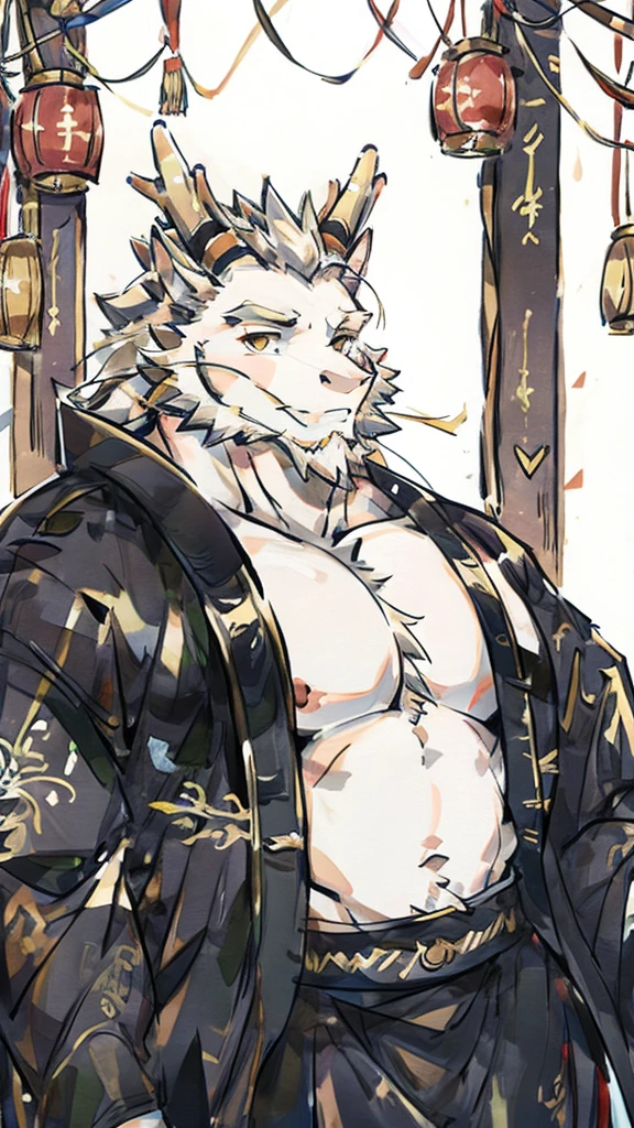(white eastern dragon),furry,white mustache,big pecs,hearty males,muscular,black imperial robe,naked,adult,traditional_chinese_room,head portrait