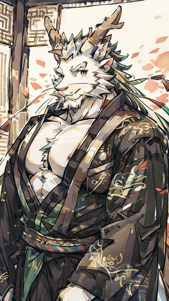 (white eastern dragon),furry,white mustache,big pecs,hearty males,muscular,black imperial robe,?????,adult,traditional_chinese_room,head portrait