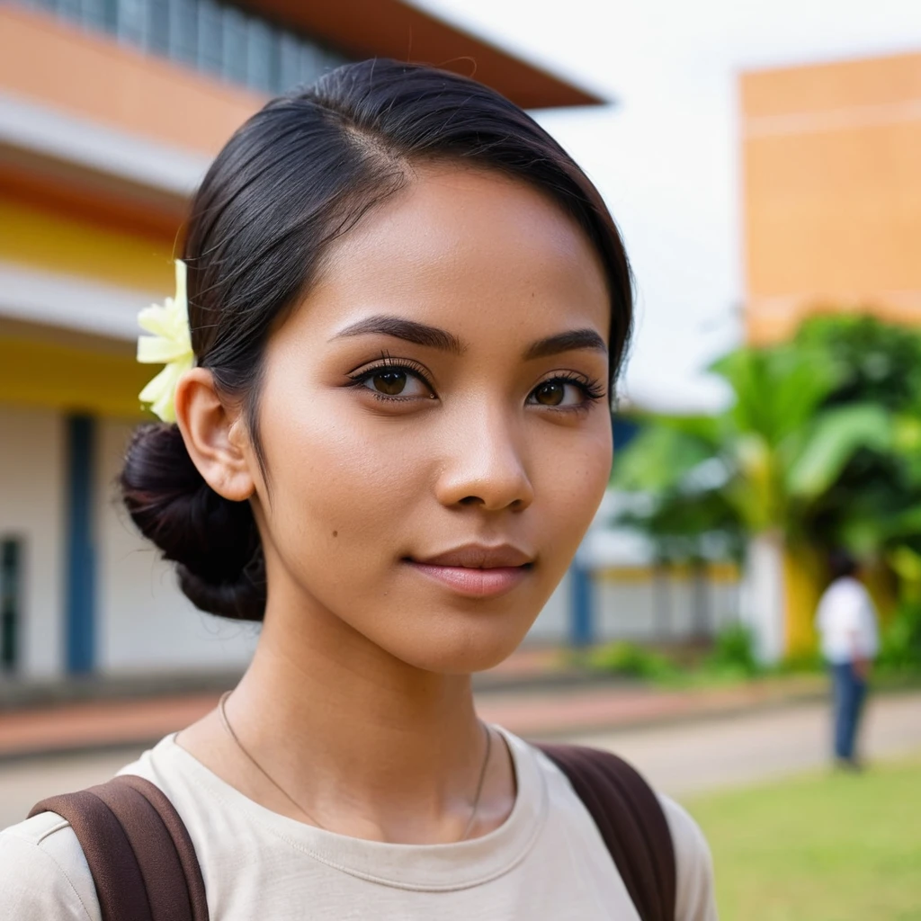 headshot photo of a javanese gamer woman, 25years old, brown skin, slim, looking at viewer, side view, school at the background