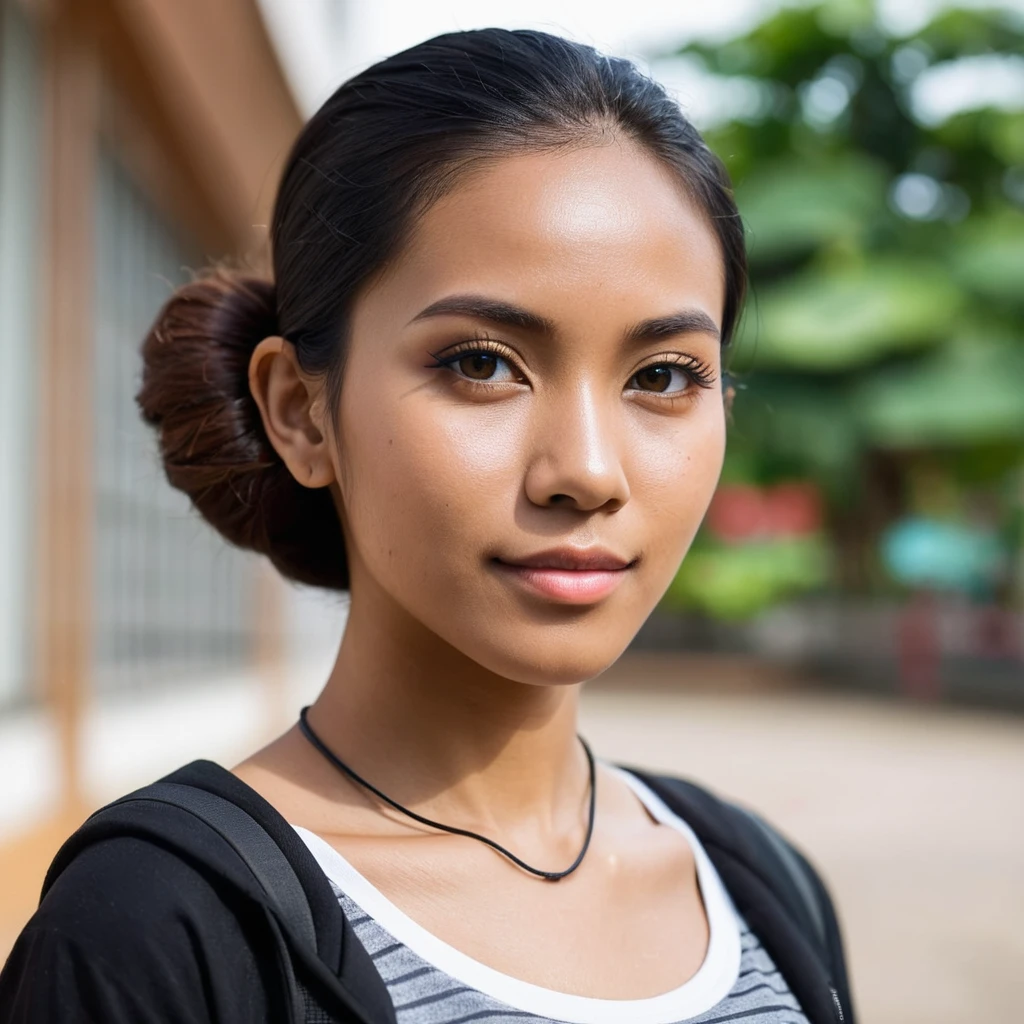 headshot photo of a javanese gamer woman, 25years old, brown skin, slim, looking at viewer, side view, school at the background