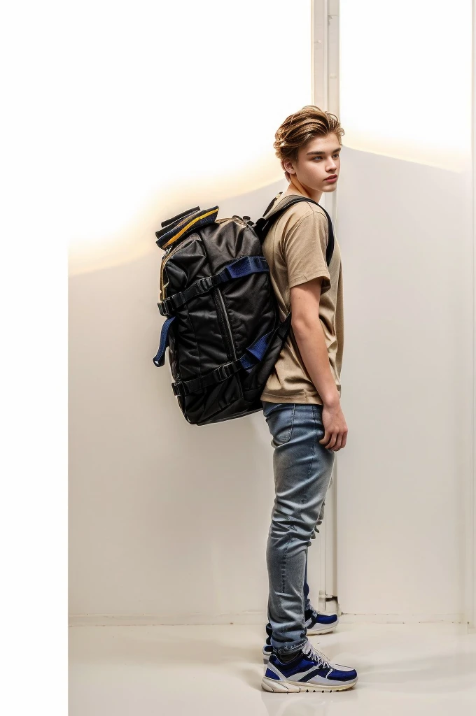 An 18-year-old,Swedish man,充满masculinity的年轻男子, side,whole body,(Light gray top:1.37),(jeans:1.37),Black sneakers,Golden brown hair , Light brown eyes, masculinity,Carrying a backpack的Swedish man站在那里,Carrying a backpack, Full length view, Carrying a big bag, Full Height View, distant whole body视图, whole body广角镜头, Studio white background