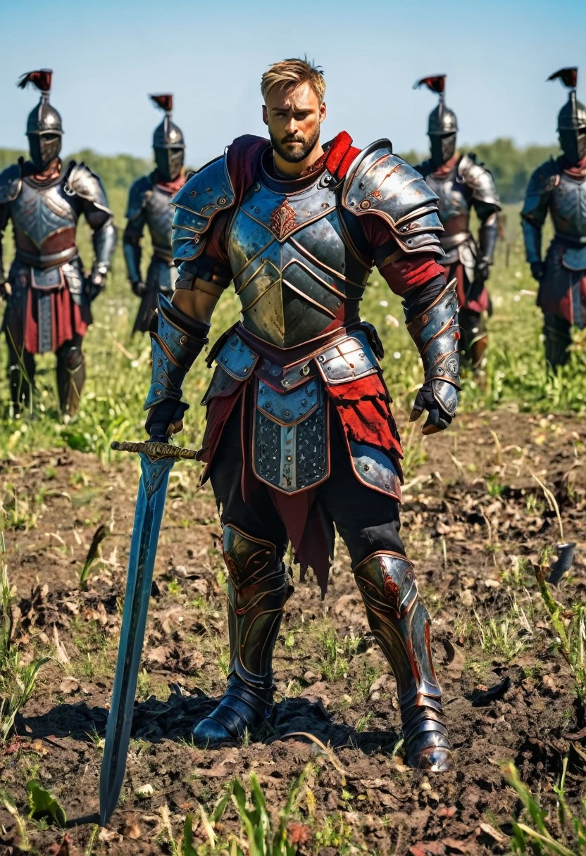 noble warrior, muscular, bloody, broken armor, broken sword, standing in a field full of bodies of fallen warriors 