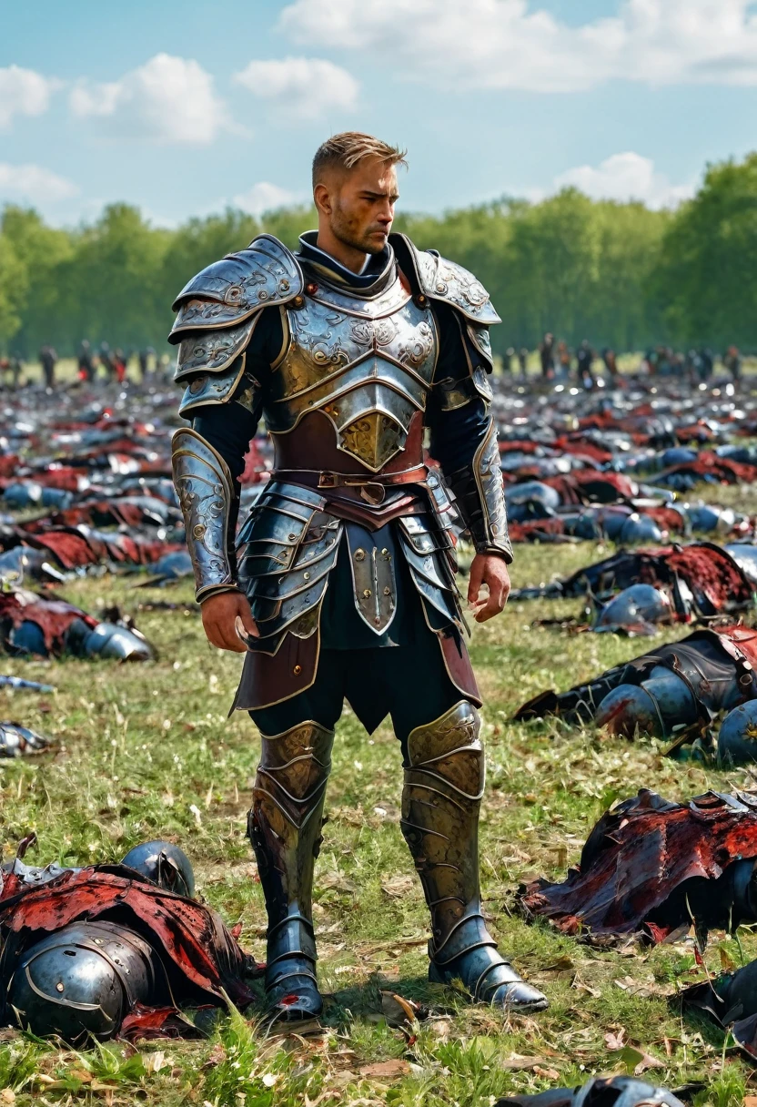 noble warrior, muscular, bloody, broken armor, broken sword, standing in a field full of bodies of fallen warriors 