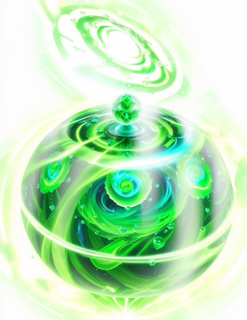 A green vortex，Center is green，Surrounded by bubbles, Mana flows around, iridescence water elemental, Sphere of Agamemnon, holy fire spell art, Green Halo, World of Warcraft Spell Icons, Liquid glowing halo, glowing water element, Radiant slime trail, Ghost Ball, ethereal essence, Where is the art?, Aura of power. detailed