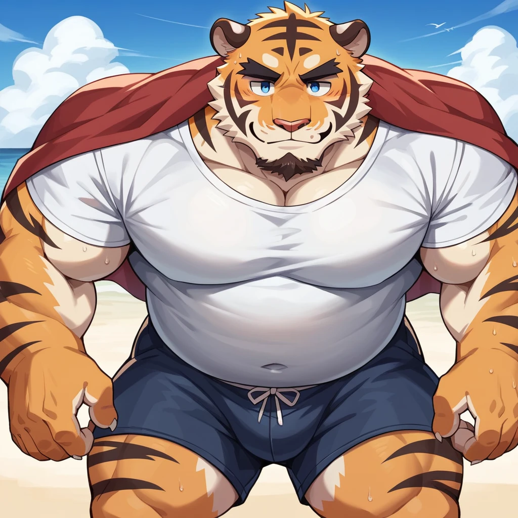 NJ5furry,tiger，solitary，Beast field，chubby, Thick arms，Strong muscles，Plush，Chubby face，Black eyebrows，Sky blue eyes，beard，smirk:1.1，On the beach，（white shirt, shorts），cape，（sweat）,by zixiong, Takemoto Arashi, Close-up of face