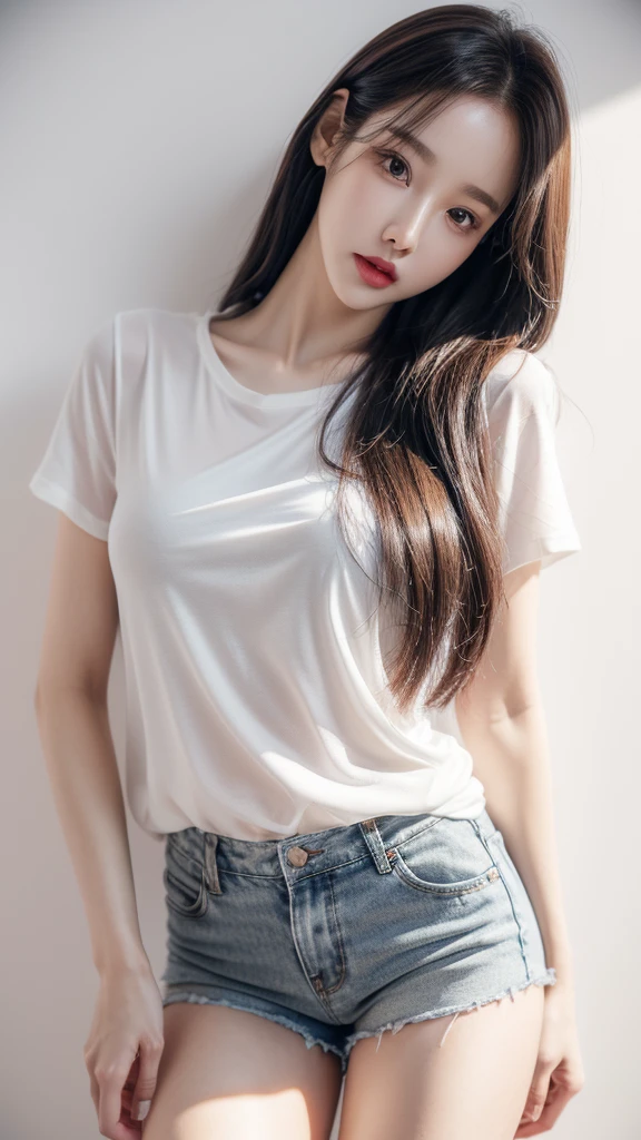 8K,Slender woman, red glossy lips,(very detailed 아름다운 얼굴)), (best quality), (very detailed), (very detailed CG 통합 8k 벽지),original photo, (standing), (white background) ,(split),(average light source),shorts,black hair,long hair,(soft ),wear(shirt),sexy pose
