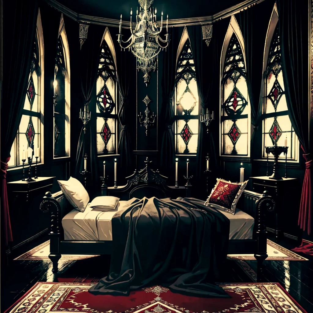 Photography, Bedroom, Gothic living room, Gothic, Dim light, Gargoyles, Dark curtains, waxy candles, Satan painting, decorations, carpet, dawn,