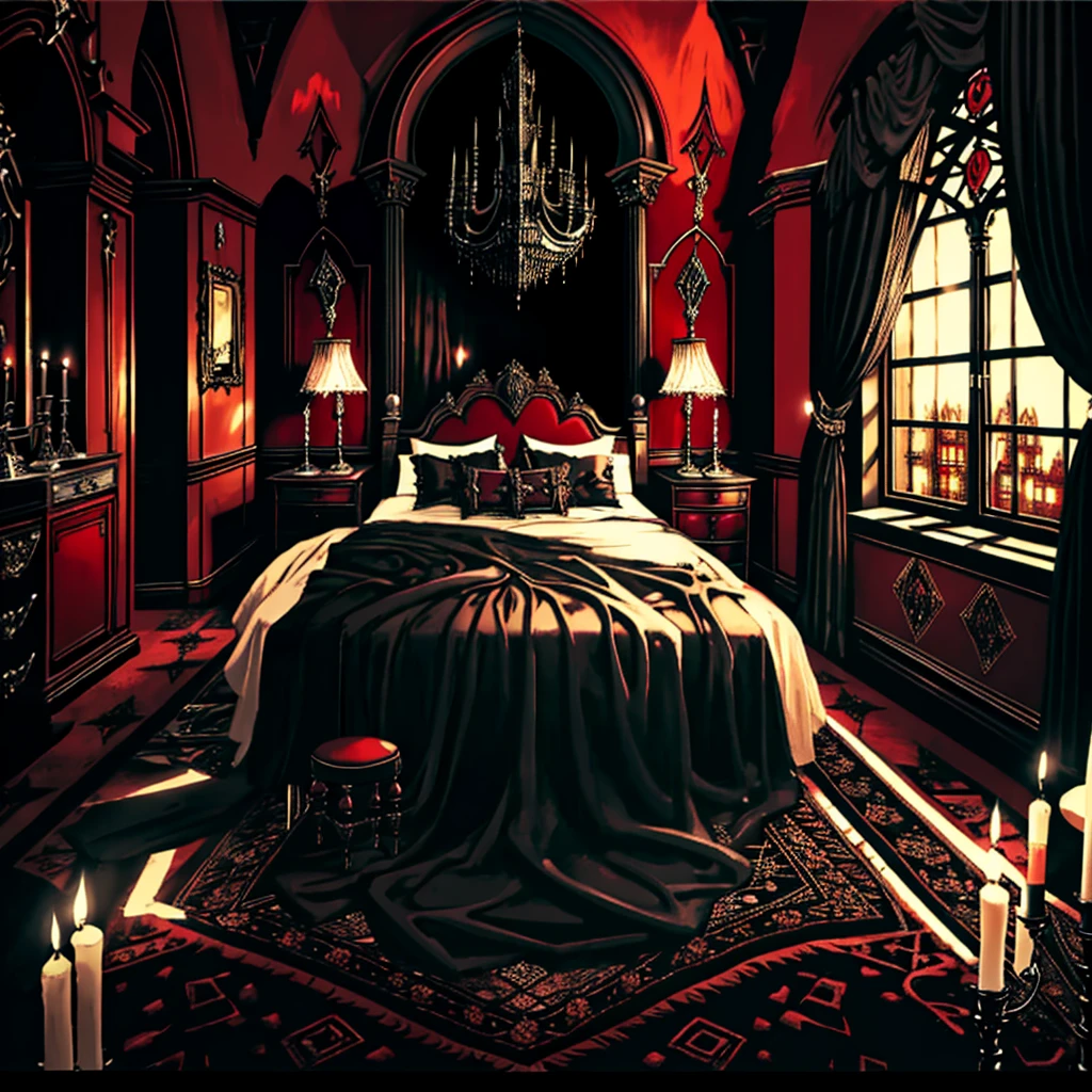 Photography, Bedroom, Gothic living room, Gothic, Dim light, Gargoyles, Dark curtains, waxy candles, Satan painting, decorations, carpet, dawn,