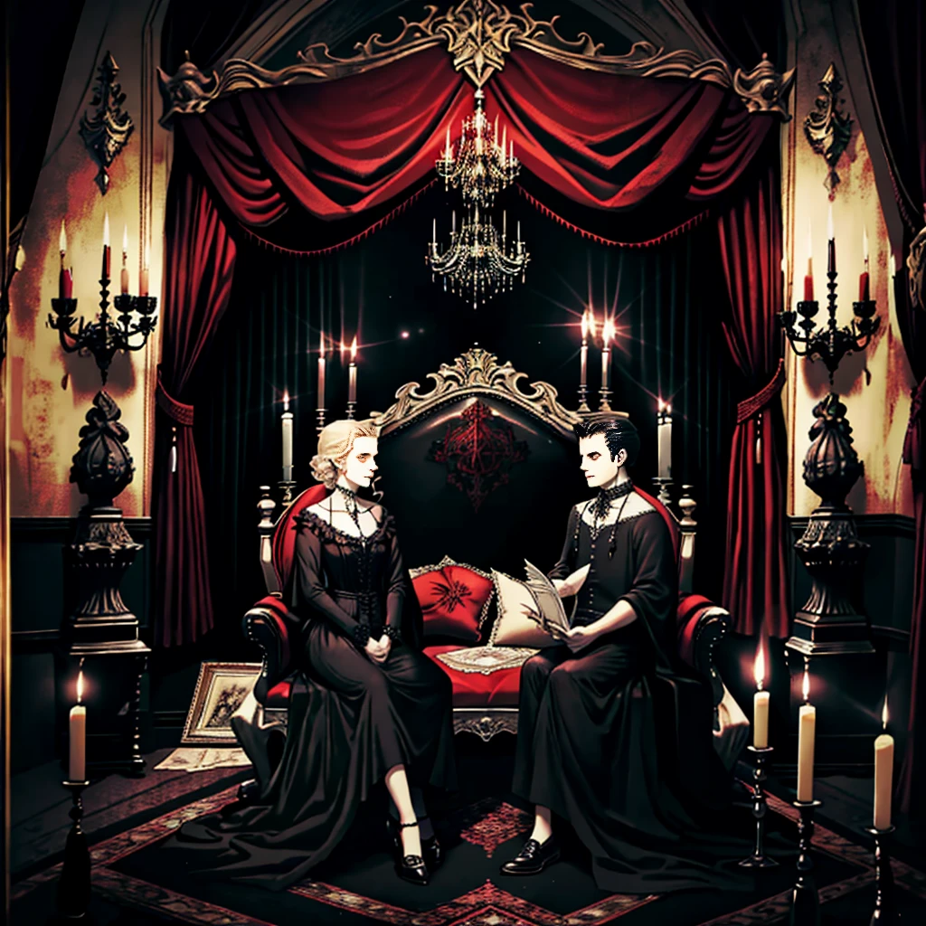 Photography, Bedroom, Gothic living room, Gothic, Dim light, Gargoyles, Dark curtains, waxy candles, Satan painting, decorations, carpet, dawn,