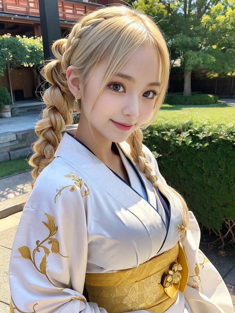 (Tabletop:1.3),( Masterpiece, highest quality), 98k, ((Perfect Anatomy:1.2)),Beautiful Japanese Women, Succubus,(one person:1.3), 20-year-old, Small face,(Cute face:1.2),Smiling, Larger breasts, ,Beautiful and detailed eyes, Evenly spaced eyes 1.2, long platinum blonde hair,(Braided upstyle), (Highly detailed face and skin texture), Beautiful face in golden proportions,White skin,(Kimono Beauty:1.2),Random sexy poses、(Expose the valley:1.3)