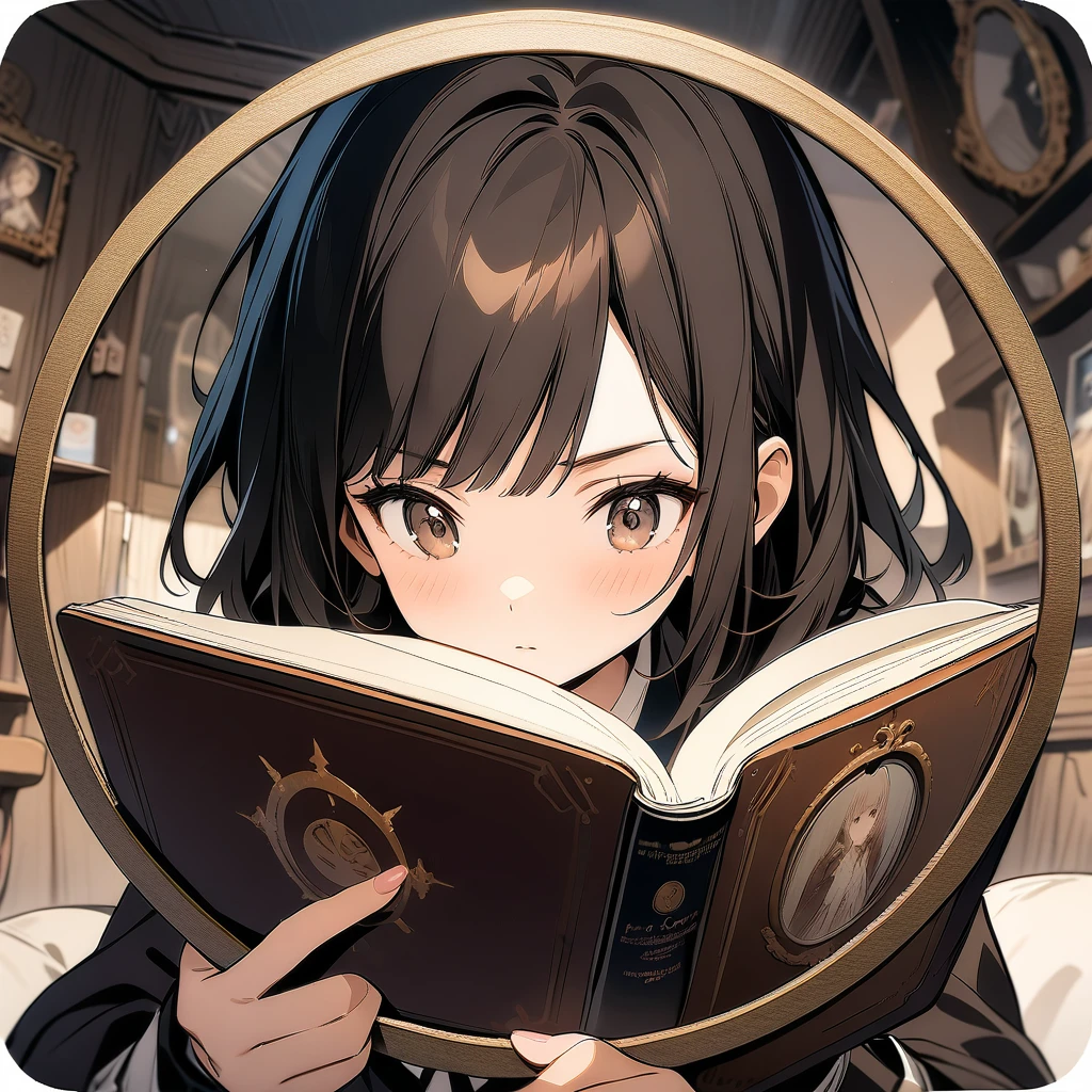 (circle frame1.7),1girl,, masterpiece art, reading bronse book,icon, circle frame,