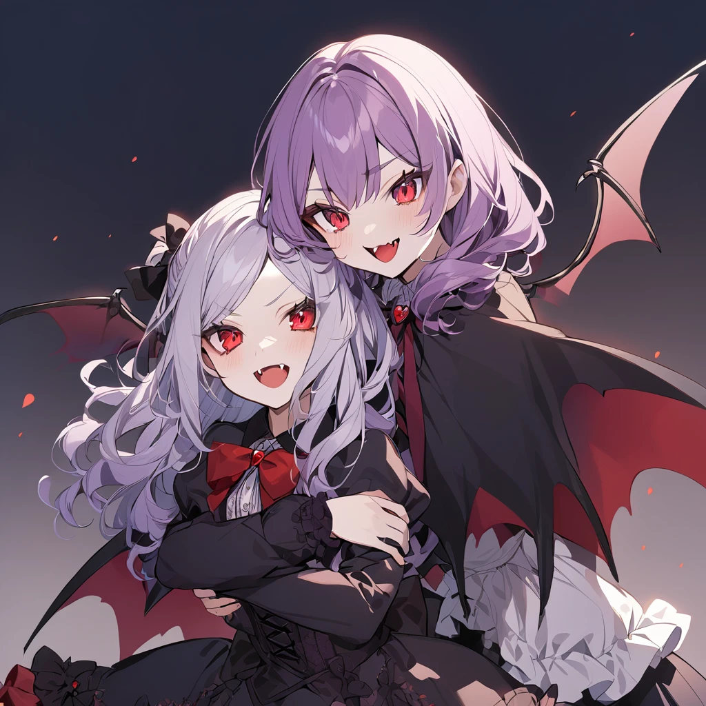 one girl with pale-purple wavy blunt hair and red eyes,fangs, one girl is hugging the other girl from behind,Vampire cloak, lolita dress: