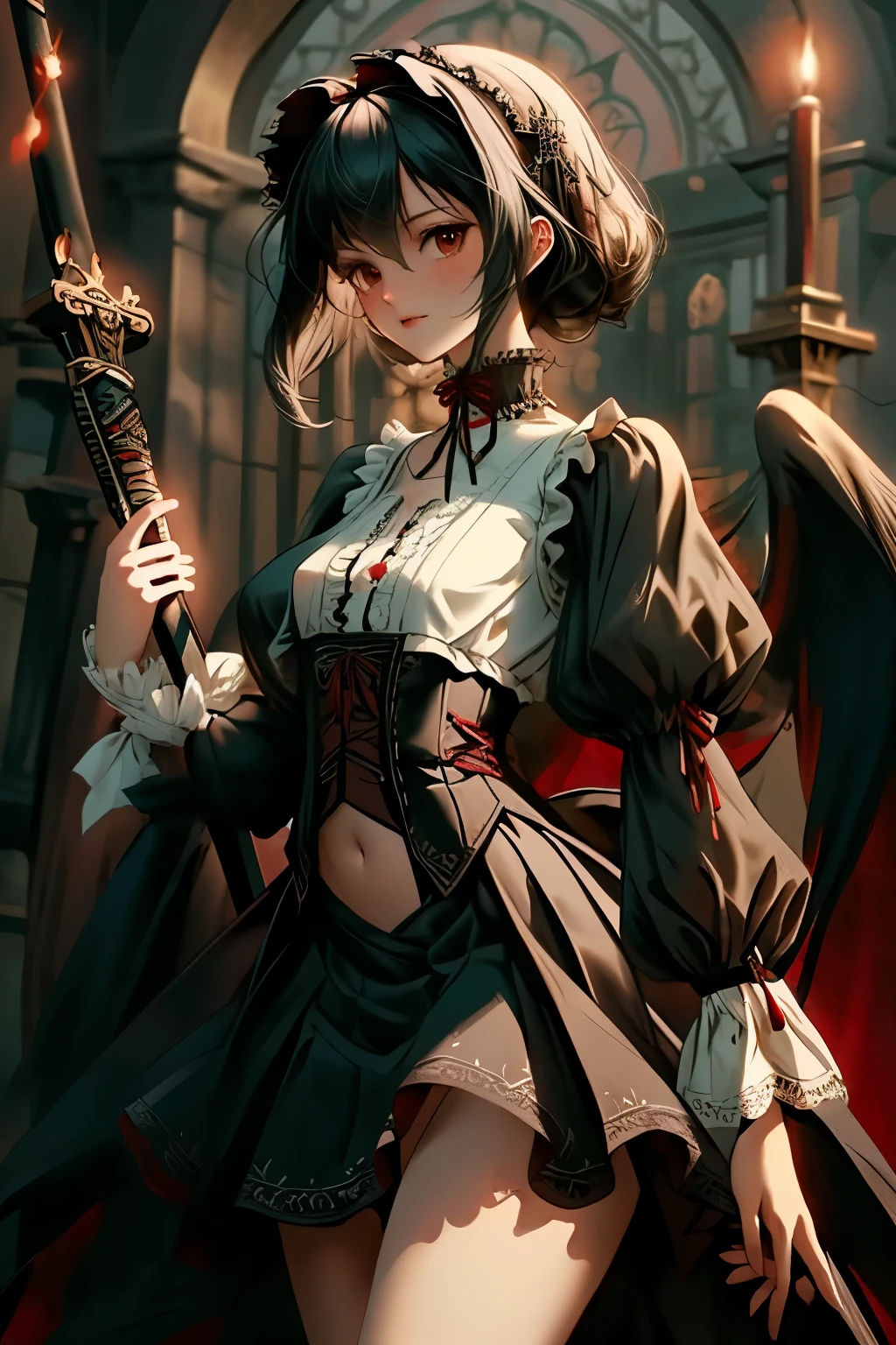 ((best quality)), ((masterpiece)), (detailed), very skinny, prominent collarbones, skinny arms, flat stomach, visible hip bones, red and white clothing, Bloodborne inspired, occult aesthetic, occult, detailed and intricate steampunk and detailed gothic, NSFW, Very dramatic and cinematic lighting, cosmic horror, grim-dark, side-lighting, perfect face, NSFW, Fluttering lace flared long knee length dress with frilly petticoats, knee length dress, pleated petticoats, ta dress, petticoats gothic lolicomplex lace boots, side-lighting, gothic lolita aetic, wielding a mighty sword with mechanical components, carbine, NSFW, beautiful small breasts, small breasts, full body, whole body, body, NSFW, full body, whole body, head-to-toe NSFW