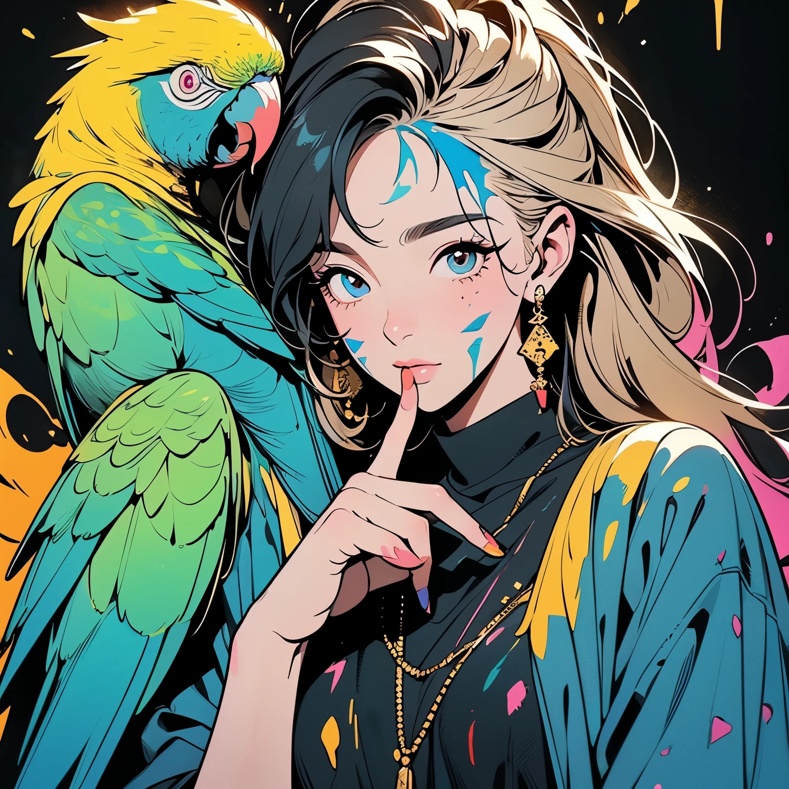 (((Beautiful bird with One Woman))), (((A very large parrot on your shoulder))), wonderful, Very detailed face and eyes, Dripping Paint, (((Perfect bird))), Complex, wonderful, wonderful, Gold leaf trim, magic, Masterpiece Painting, Very detailed, Fascinating, Fascinating, intense, Scattered Light, Built using the Golden Ratio, Awards, Perfect composition, Ultra HD, 8K, Realistic, Very detailed, One Woman, (((finger to mouth))),(((Perfect Fingers)),(((Perfect hands)), Black background, (((Splattering colorful paint)))