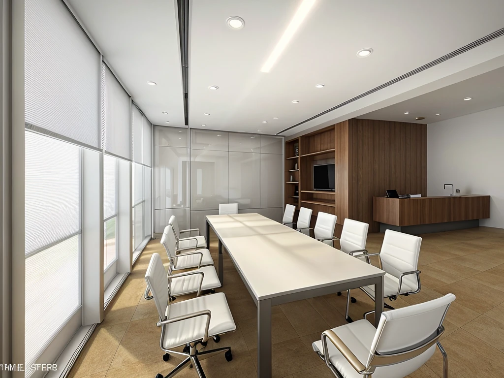 Modern style meeting room design, daylight, ceramic tile floor, WHITE WALLS, corrugated plastic walls, 1 frame 1.8 glass wall, 1.2 glass curtain wall, 1 conference table with 12 chairs, 1 row of flowers on the table, Flat white painted ceiling 1.2, 2 LED rail lights 1.3, 1 corner table, sharp images, realistic lighting, luxurious feel, extremely detailed