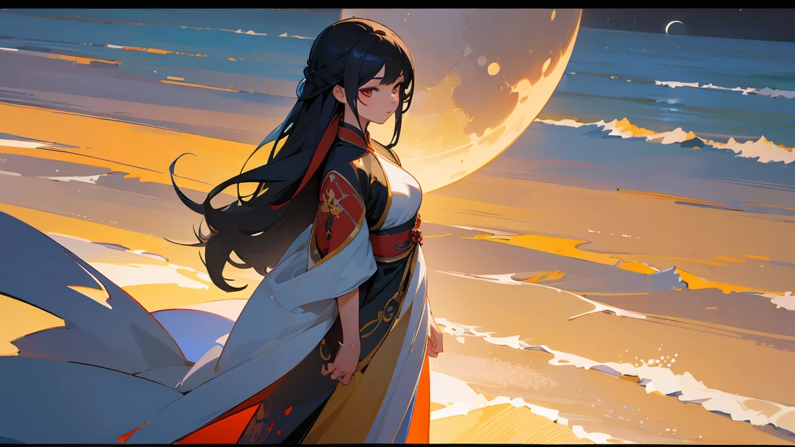 ((best quality)), ((masterpiece)), (detailed), an asian girl wears a large dark traditional vietnamese fashion dress stand on a beach at night and looking at the moon, anime, ultra realism, beautiful, epic, well painted, precise painted, painted by a professional digital artist, nice detailed, best quality, high resolution, 8k