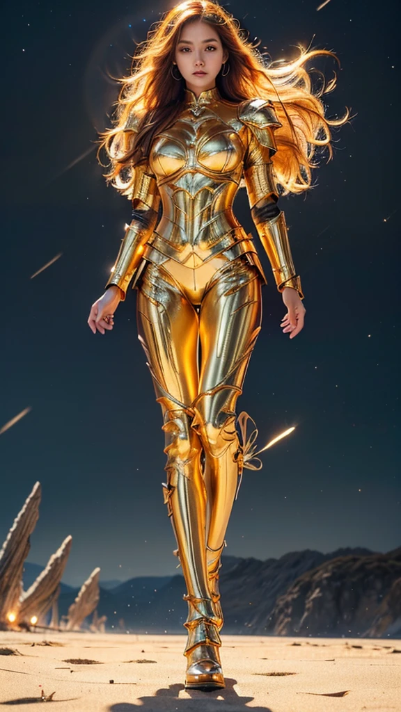 ((best quality)), ((masterpiece)), (ultra detailed lights), ((full body shot)), ((skinny body)), indonesian girl, extremely beautiful, ((slim body)), thighs gap, ultra face details, 20 years old, ((orange curvy-hair)), ((hair blown by strong winds :1.3)), Award-winning photograph, ((symmetrical pose)), teen goddess with (golden sword) in ((full body golden black armor)) are in the middle of battlefield, posing in the middle, intricate details, ((thight golden armour)), ((extremely details armor)), ((tight latex pants)), ((24k-gold armor)), ((edge luminous armor)), cameltoe, luminescent, epic lights reflections, she is posing with ((Athena's golden bow)), at beach, full of stars, orange clouds, nebula sky, epic aurora borealis in the background, shooting stars, ((from below))