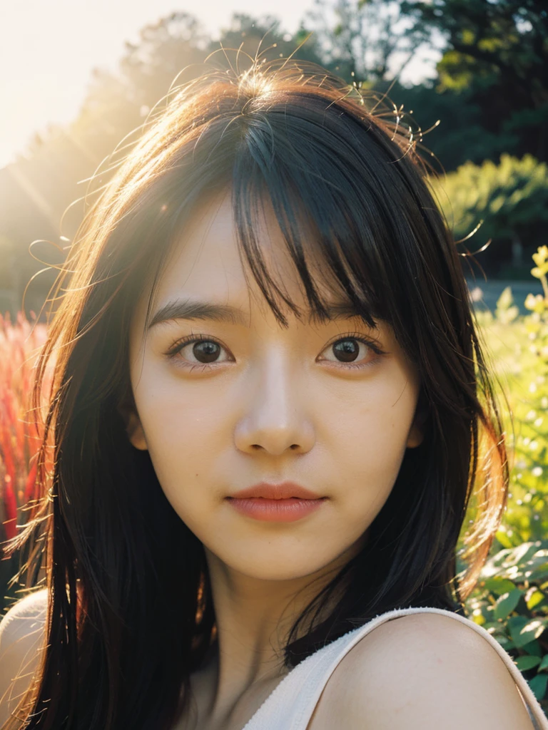 Best Quality, Masterpiece, Ultra High Resolution, (Realistic: 1.4), Original Photo, Head Photo, Skin, Simple Background, Black Eyes, Detail, Selfie, 1 Girl, Red, Breeze, Sunshine, Garden, Quiet, Enjoy, Golden Hour