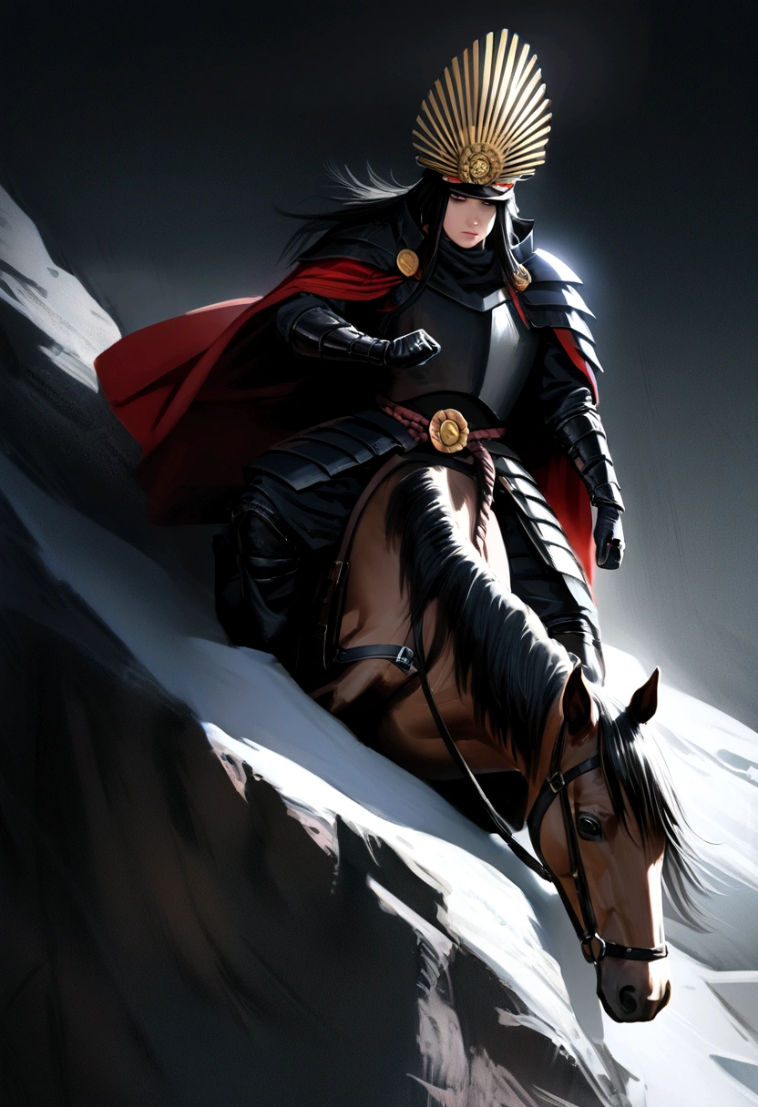 Top quality, masterpiece, super high resolution, (realism: 1.4), raw photo, Oda Nobunaga, wearing perfect black samurai armor, male, commanding presence, leading several allies, dynamically riding horses down a cliff, raising a victorious cry, right fist thrust towards the sky, traditional Japanese setting, darkness, deep shadows, low key, cold light 12000K
