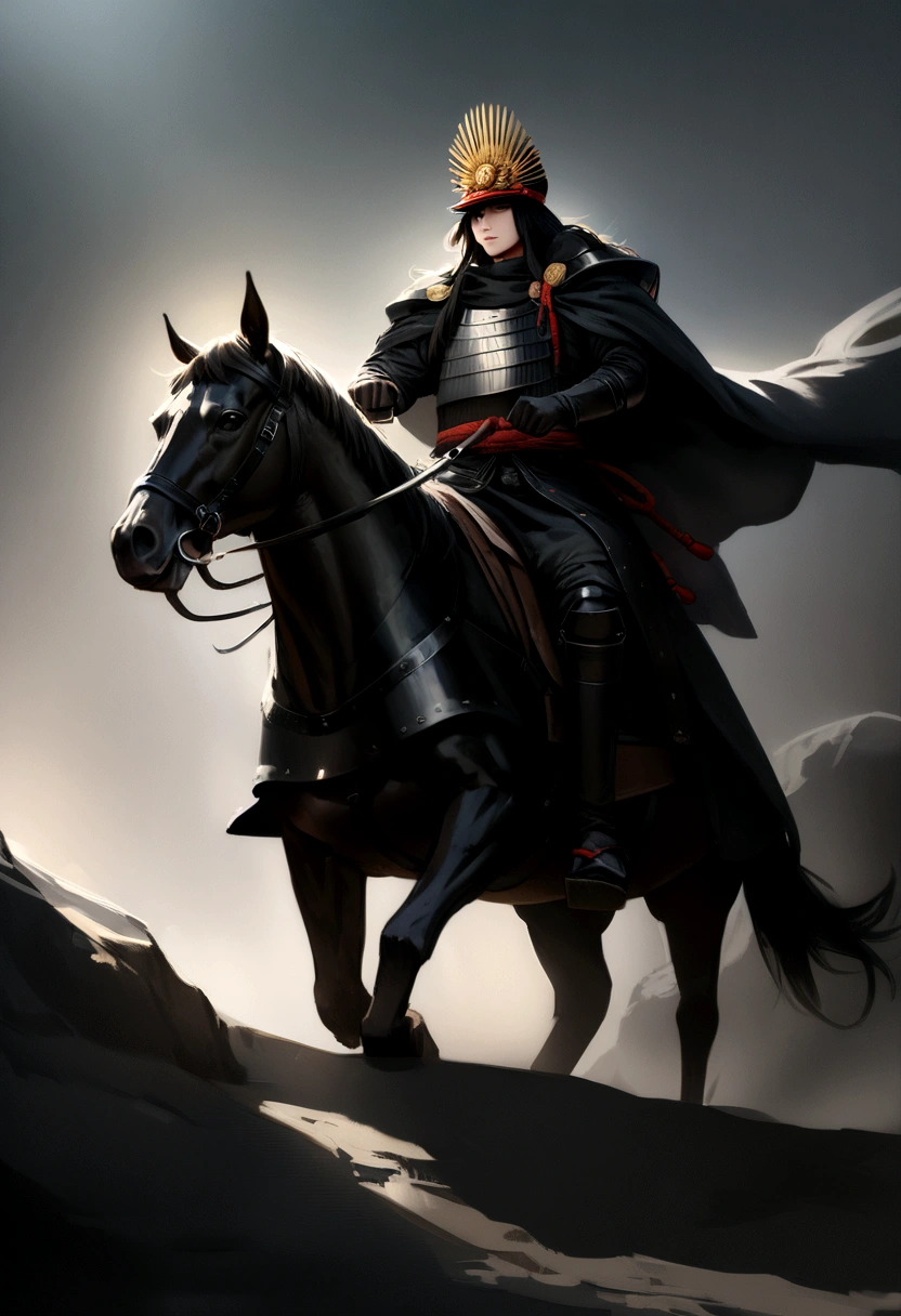 Top quality, masterpiece, super high resolution, (realism: 1.4), raw photo, Oda Nobunaga, wearing perfect black samurai armor, male, commanding presence, leading several allies, dynamically riding horses down a cliff, raising a victorious cry, right fist thrust towards the sky, traditional Japanese setting, darkness, deep shadows, low key, cold light 12000K