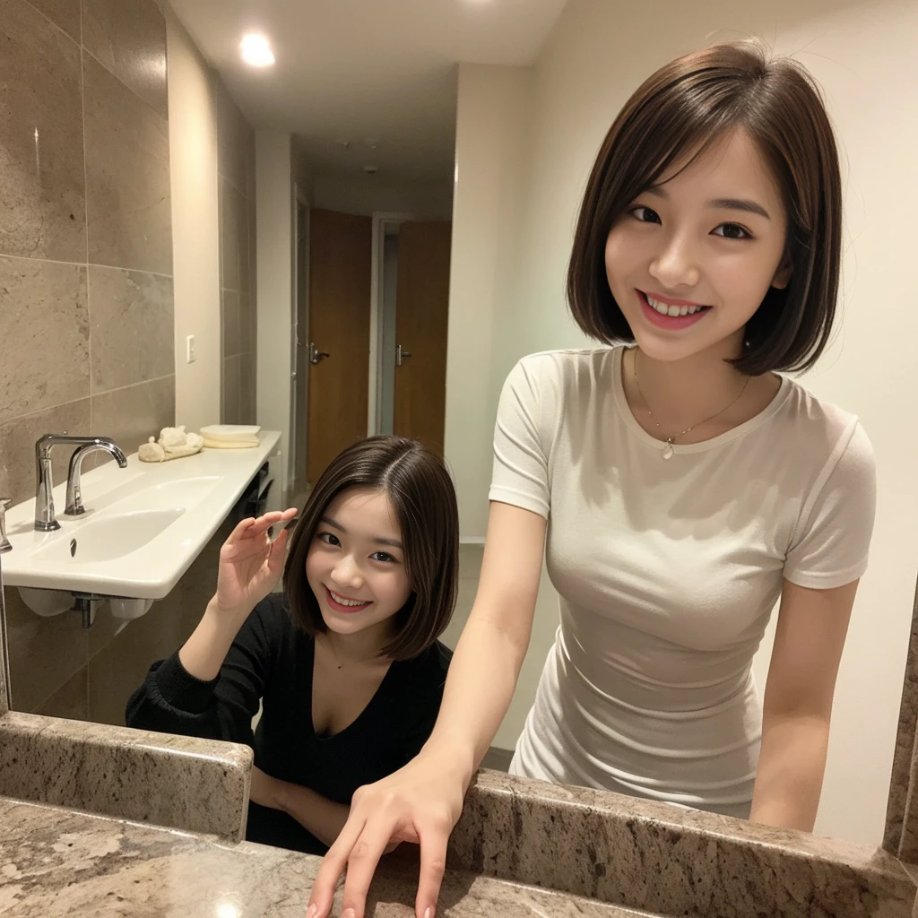 ((Best Masterpiece)), ((of the highest quality)), ((8K)), one girls, Japanese, 21 years old, Super beautiful, cute little, woman model, Full body, slender, Super Luxury Hotel, Sony SLR Photography, Brown hair, highlights hair、Short hair, waved hair、looking in camera,Smiling face, Background Realistic, Marble wall、buses, Washstand,photograph,