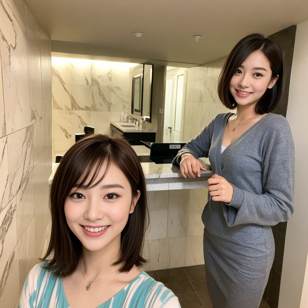 ((Best Masterpiece)), ((of the highest quality)), ((8K)), one girls, Japanese, 21 years old, Super beautiful, cute little, woman model, Full body, slender, Super Luxury Hotel, Sony SLR Photography, Brown hair, highlights hair、Short hair, waved hair、looking in camera,Smiling face, Background Realistic, Marble wall、buses, Washstand,photograph,