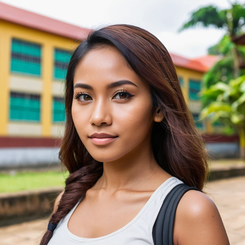 closeup photo of a javanese gamer woman, 25years old, brown skin, slim, looking at viewer, side view, school at the background