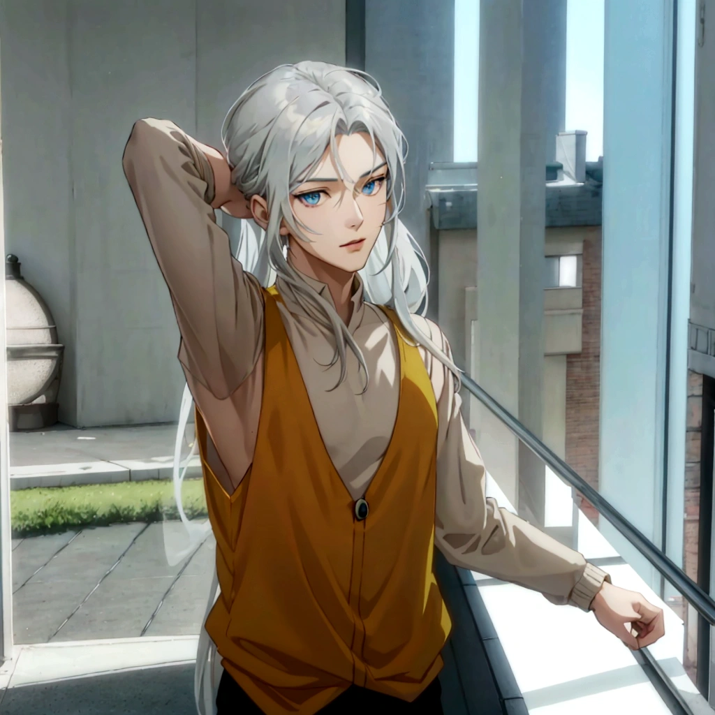 Grey long sleeve、Anime characters with long hair and yellow vest standing in front of a window, Smooth anime CG art, Tall anime guy with blue eyes, Handsome anime pose, anime cgi style, as an Anime characters, male Anime characters, Anime VTuber Full Body Model, Anime characters, A delicate androgynous prince, main character, Anime-style 3D, Take a graceful pose
