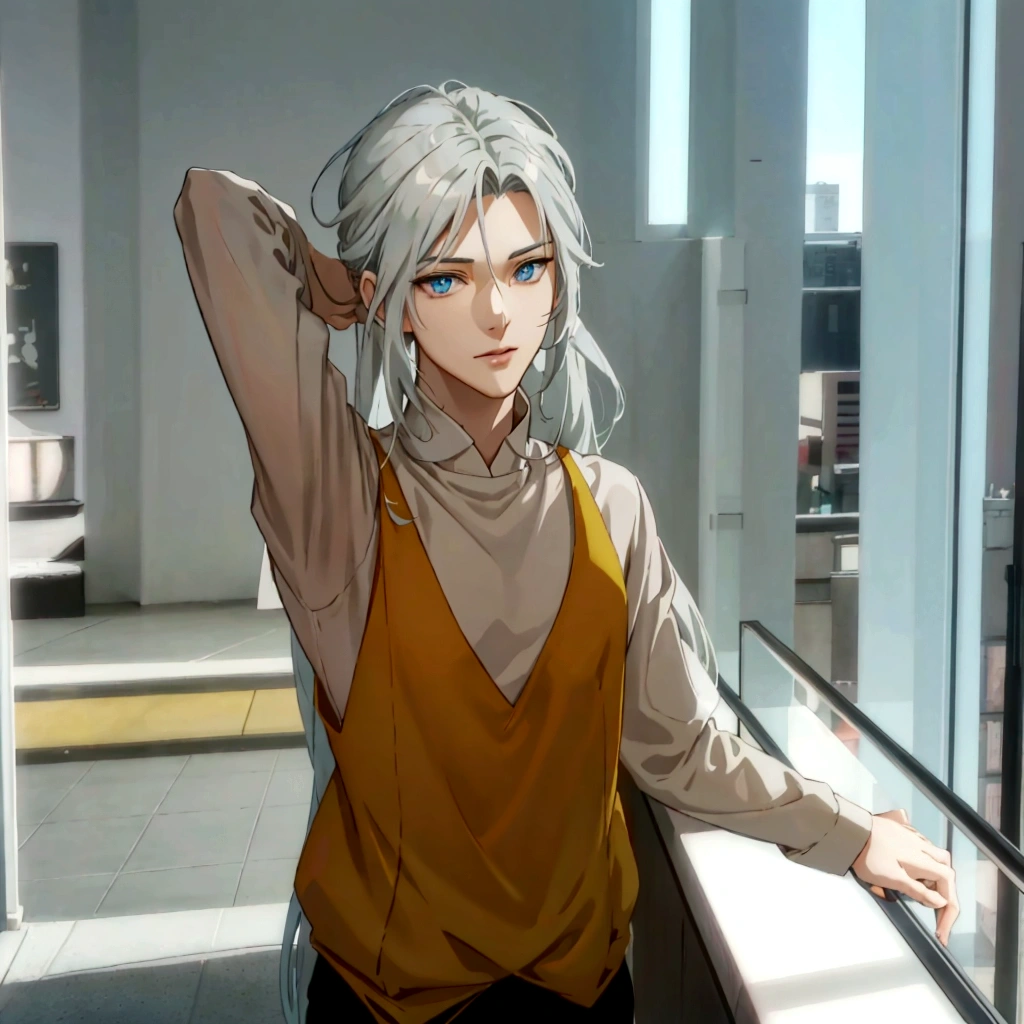 Grey long sleeve、Anime characters with long hair and yellow vest standing in front of a window, Smooth anime CG art, Tall anime guy with blue eyes, Handsome anime pose, anime cgi style, as an Anime characters, male Anime characters, Anime VTuber Full Body Model, Anime characters, A delicate androgynous prince, main character, Anime-style 3D, Take a graceful pose