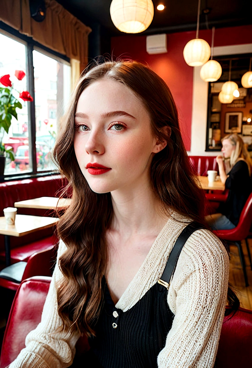 Captivating cinematic portrait of a 20-year-old woman in a cozy coffee shop. She has flawless pale skin, a beautiful and captivating face - delicate eyes, a pointed nose, red lips and long, soft wavy hair in a captivating black color. The close-up angle shot focuses on her face, showing off trendy summer fashion. Her calm and cheerful expression reveals her deep immersion in her own music. The Nordic-style interior, soft lighting, and soft sofas create a warm and quiet atmosphere even though the cafe appears to be empty. This captivating scene perfectly captures the essence of a tranquil musical escape.