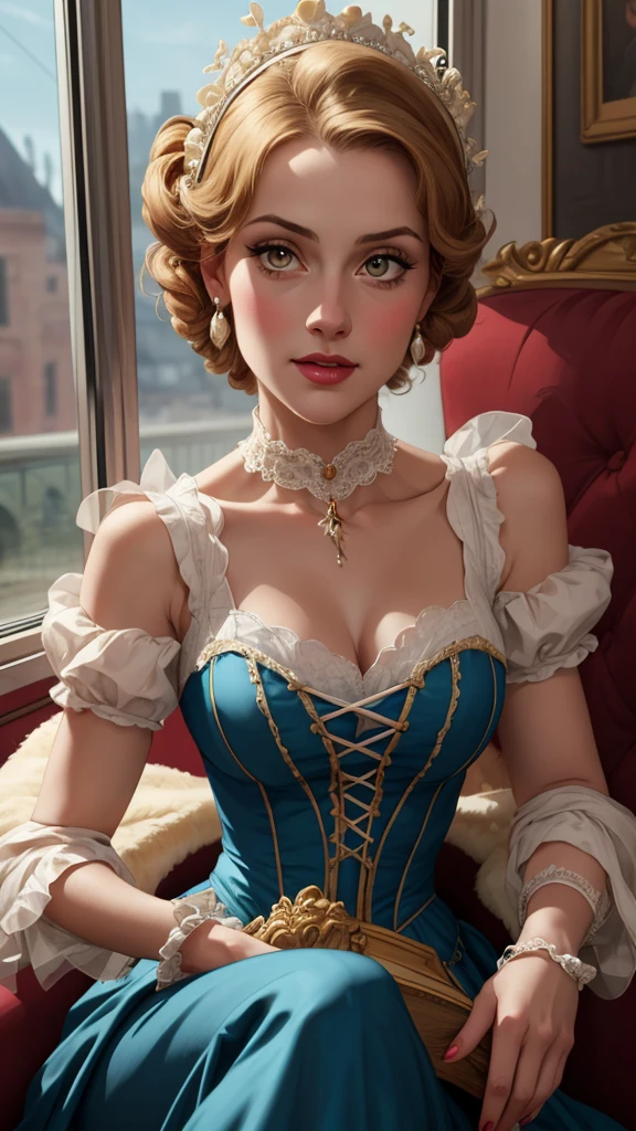 a close-up of a woman in a dress sitting on a train, uma Beautiful woman vitoriana, in victorian aristocrat, rococo queen, Senhora Vitoriana, Beautiful woman, victorian style costume, Adorable woman, gorgeous lady, like an elegant noblewoman, lindo rosto delicado, non-rococo style dress, linda Beautiful woman, Rococo style portrait, intricate victorian dress