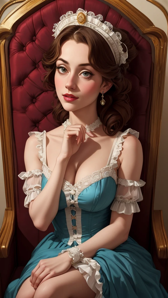 a close-up of a woman in a dress sitting on a train, uma Beautiful woman vitoriana, in victorian aristocrat, rococo queen, Senhora Vitoriana, Beautiful woman, victorian style costume, Adorable woman, gorgeous lady, like an elegant noblewoman, lindo rosto delicado, non-rococo style dress, linda Beautiful woman, Rococo style portrait, intricate victorian dress
