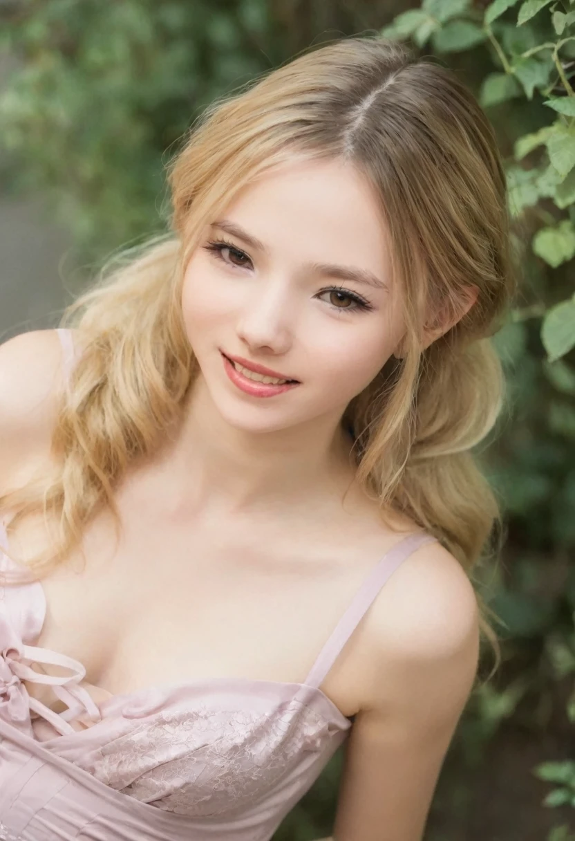 Leila、18-year-old、(Russian women)、(Cute face)、(Thin contours:1.3)、(Grey Eyes:1.8)、(Big Breasts:1.3)、(Narrow waist)、(Blonde semi-long hair:1.3)8-head-tall model style、smile、Long dress、Inside the city of Tokyo