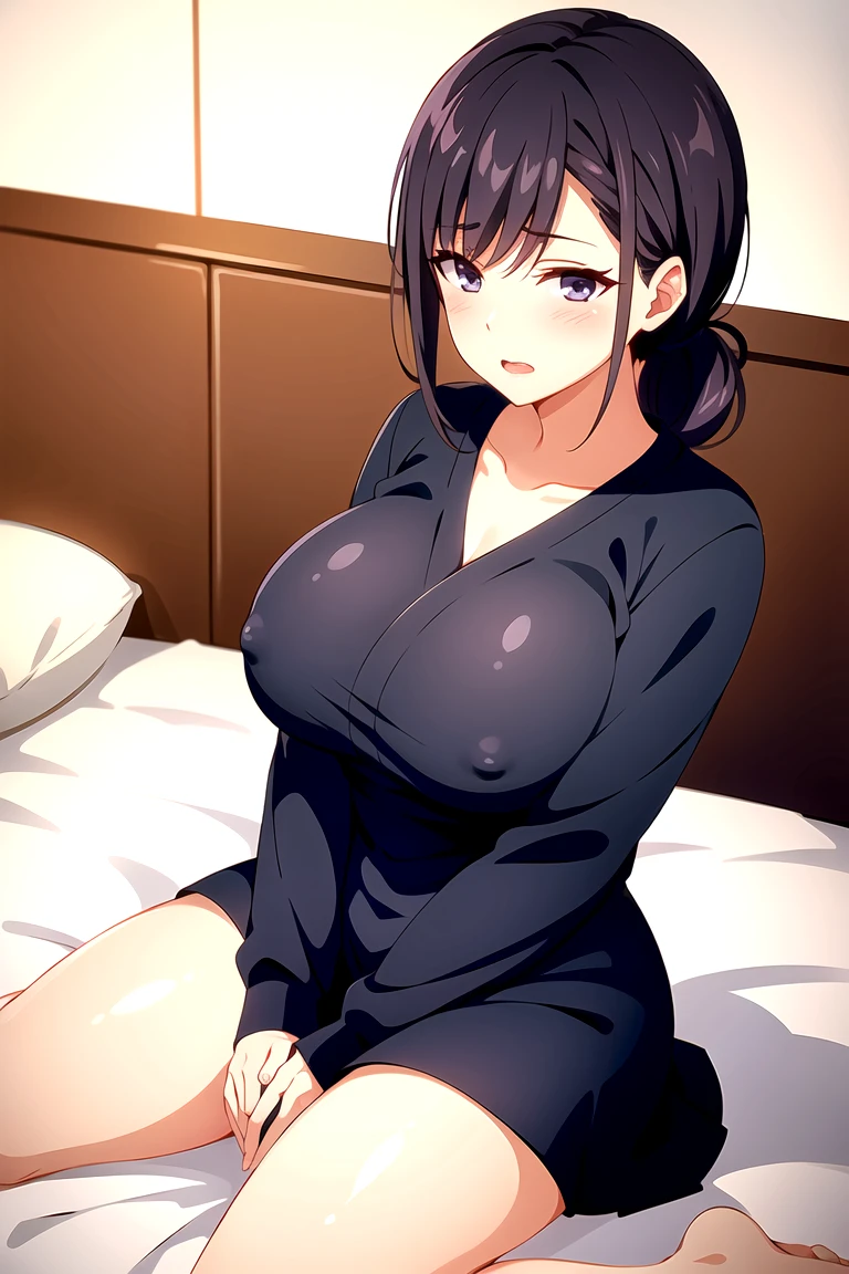 mature women, suzukawa akana, black hair, low ponytail, hair over one shoulder, side swept bangs, dark blue eyes, large , completely nude, nipples, midriff, pussy, extreme blushing, wide mouth, moaning, masterpiece, 8K, HD, perfect face, high quality, best quality, extremely detailed eyes, extremely detailed body, highly detailed, expressive eyes, high res, 1girl, solo, full body shot, front view, looking at viewer, body facing viewer, pov shot, from below, on knees on bed, open legs, legs spread, straight posture, hands between legs, bedroom