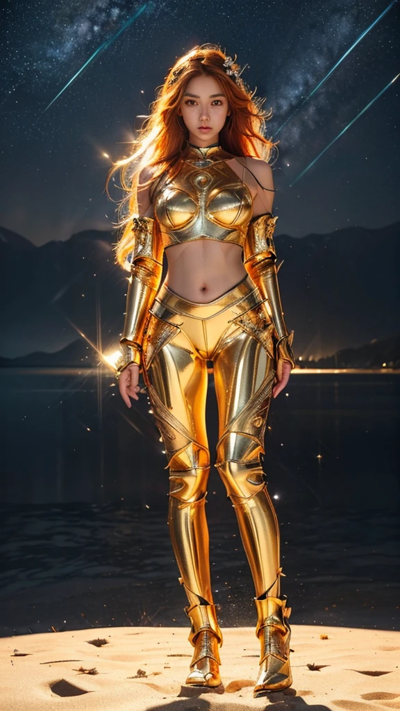 ((best quality)), ((masterpiece)), (ultra detailed lights), ((full body shot)), ((skinny body)), indonesian girl, extremely beautiful, ((slim body)), thighs gap, ultra face details, 20 years old, ((orange curvy-hair)), ((hair blown by strong winds :1.3)), Award-winning photograph, ((symmetrical pose)), teen goddess with (golden sword) in ((full body golden black armor)) are in the middle of battlefield, posing in the middle, intricate details, ((thight golden armour)), ((extremely details armor)), ((tight latex pants)), ((24k-gold armor)), ((edge luminous armor)), cameltoe, luminescent, epic lights reflections, she is posing with ((Athena's golden bow)), at beach, full of stars, orange clouds, nebula sky, epic aurora borealis in the background, shooting stars, ((from below))