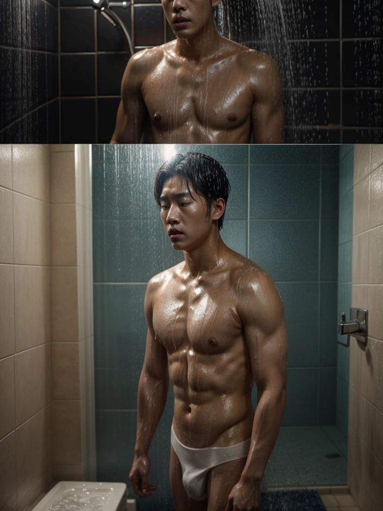 There was a man standing in the shower and his head foamy., Photos inspired by Jung Geun Lee, Tumblr, realism, Glittering from the rain, water dripping from him, Movie screen capture, South Korean man, movie screenshot, Still from the live action movie., Oh yes, Scenes from live-action movies, jin kim