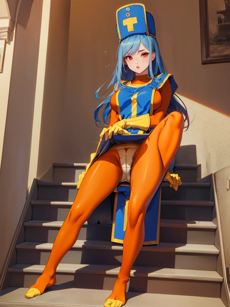 masterpiece,Highest quality, Unreal Engine, Super Resolution, Very detailed,
1 Girl, Waist, thin, (Muscular:0.8)
Round Breasts, Big Breasts, Bold,  Part your lips, Observe the audience,
Waist shot,,,
, Key Visual,
 Light blue hair, Red eyes, Long-haired monk \(dq3\)
,,Tabard Elbow Gloves((Sitting on the stairs、entanglement of tentacles in open legs,:1.3)),(Cameltoe:1.5)、(Bright orange full body pantyhose:1.5)、(sheer white panties:1.2)